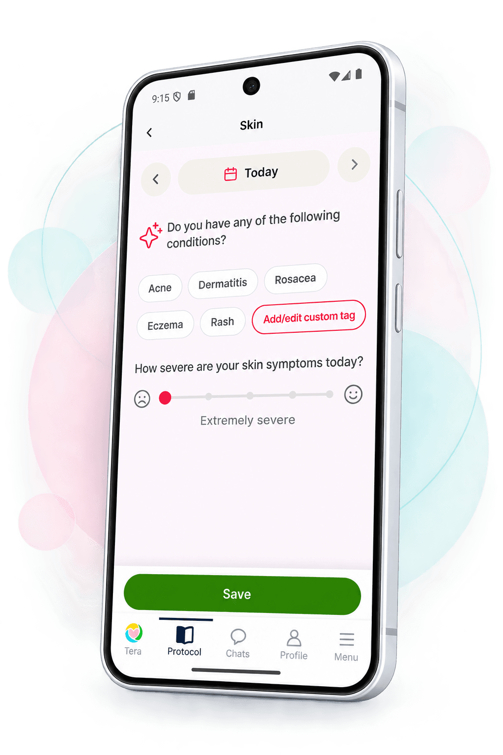 Tera Skin daily check-in showing skin conditions and symptom severity tracking