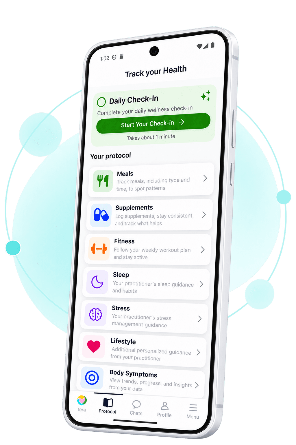 TeraHealth daily protocol with meals, supplements, fitness, sleep, stress, lifestyle, and symptom tracking