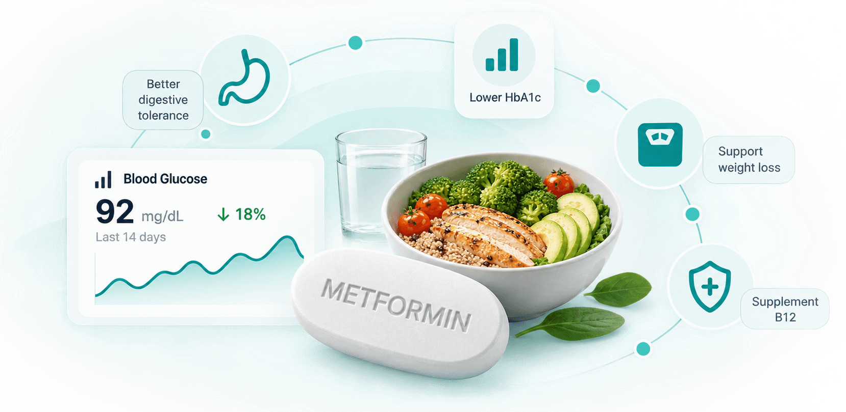 Metformin lifestyle support including nutrition, glucose management, digestive tolerance, weight management, and vitamin B12