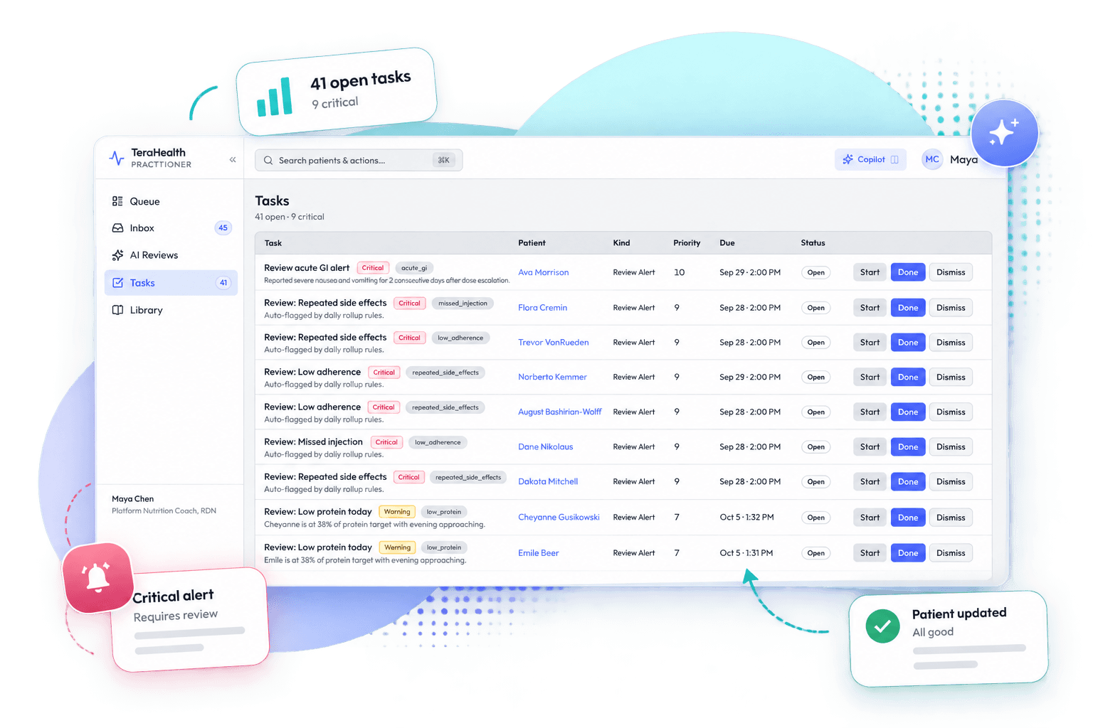 TeraPro Clinical Reasoning platform showing patient health context, clinical hypotheses, supporting biomarkers, evidence, and recommended protocols