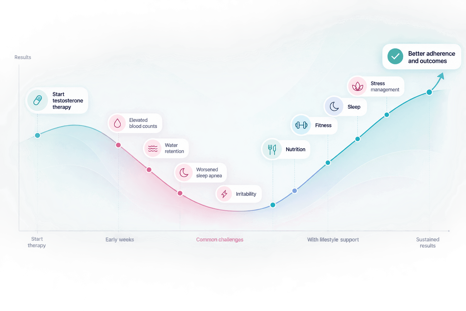Testosterone therapy journey showing early treatment challenges and lifestyle support through nutrition, fitness, sleep, and stress management